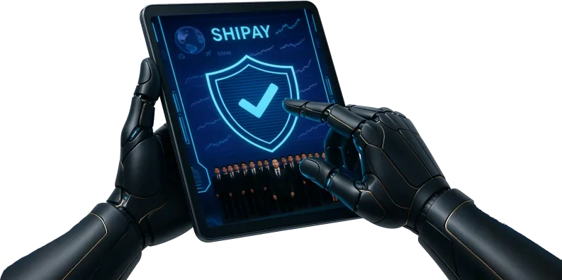Black-gloved hands holding a Shipay tablet that connects trade services